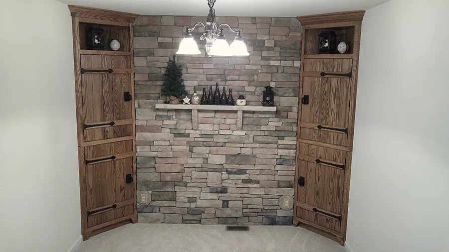 Stone Wall With Natural Wood Cabinets